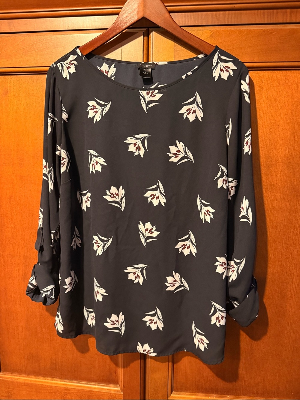 Ann Taylor Navy Floral Long-Sleeve Blouse